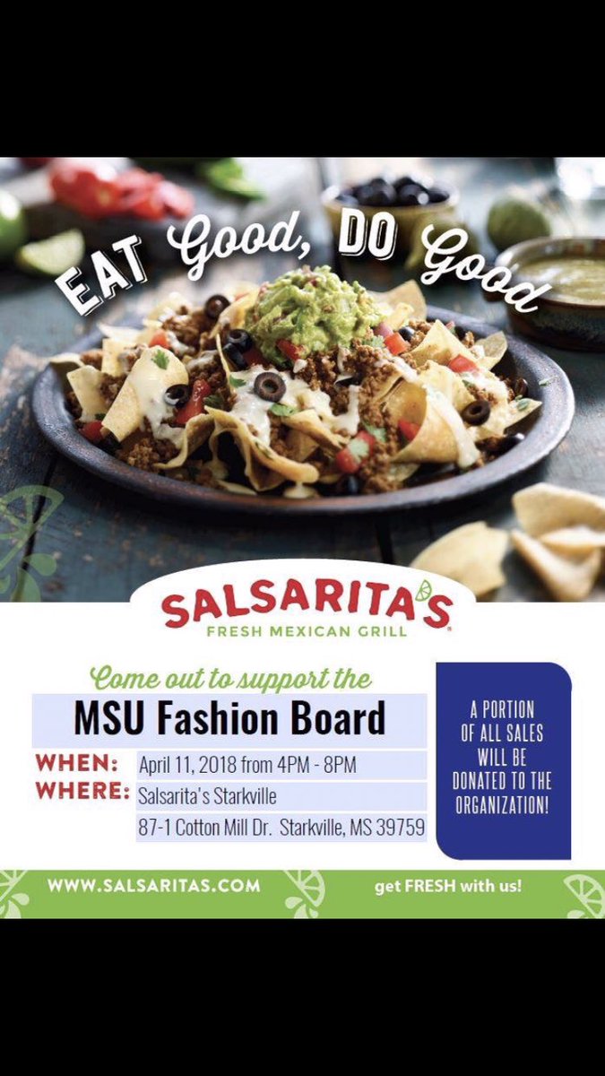 Please come out &amp; join us at Salsaritas TONIGHT from 4-8pm! 🌮 A portion from the sales will support Fashion Board! 🌮✨🌮