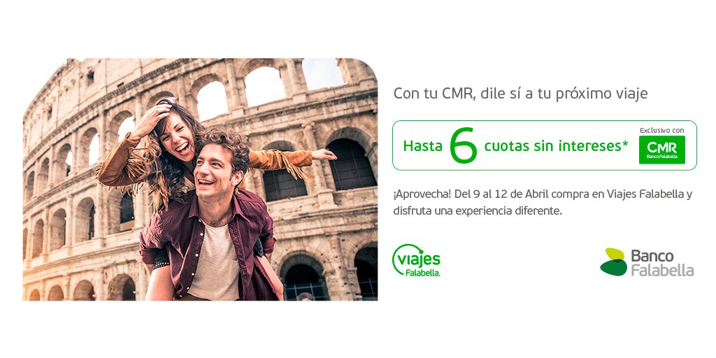 Con tu CMR, dile sí a tu próximo viaje. ¡Aprovecha y compra en Viajes Falabella hasta en 6 cuotas sin intereses! ¿Qué esperas? Aplica para paquetes, boletos aéreos, hoteles, cruceros, seguros y más. ➡ bit.ly/6CuotasSinInter