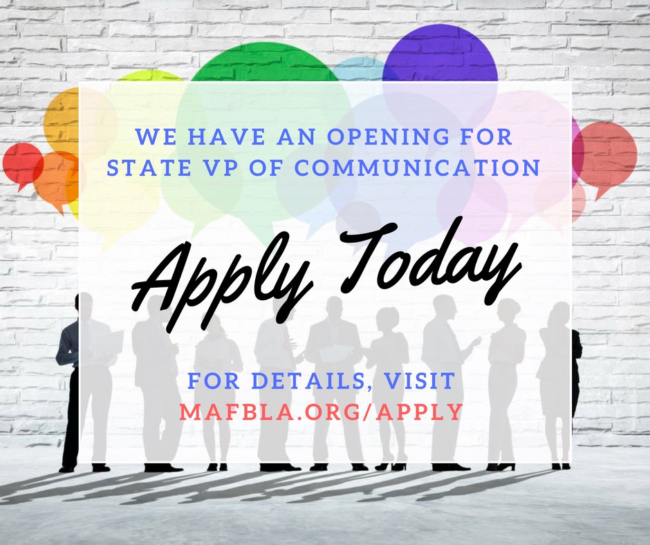 FBLAMA's tweet photo. Are you interested in being a state officer? Apply for VP of Communication by Friday, April 20. More info: https://t.co/svXRriQiOE https://t.co/jfduh1tqQD