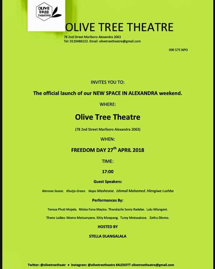 MissMadiba's tweet photo. It's official, @OliveTreeTheatr is finally back in business in the heart of Alexander township.
This is where we all ought to be on this here day, 27 April 2018. ❤❤❤
#AlexOTT #OTT #OliveTreeTheatre #OTTLaunch https://t.co/G36s70dSra