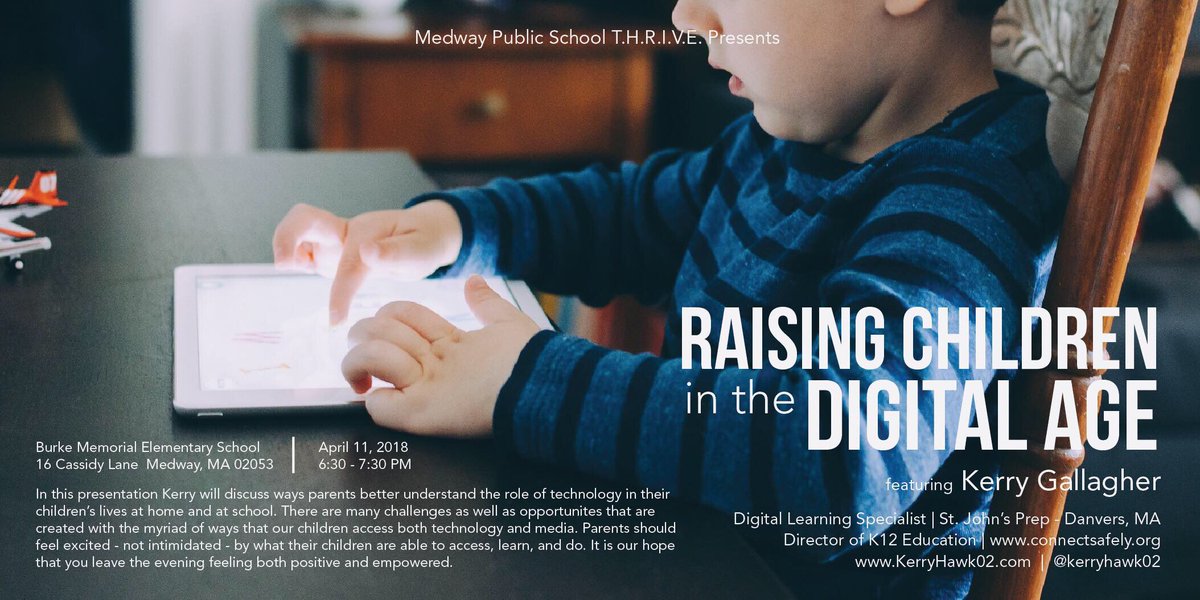 KerryHawk02's tweet photo. Join me TONIGHT in Medway, MA. We’ll talk about building digital literacy in our youngest children, managing family screen time, knowing if your child is ready for his/her own phone and social media accounts, and more. #parenting #edchatma #mssaachat #digcit https://t.co/Wqxhaj0mHS