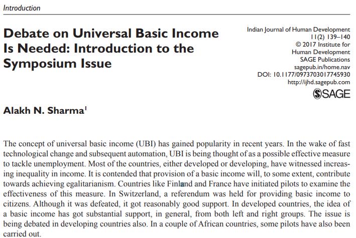 TweetIHD's tweet photo. From the Symposium issue of #IJHD Volume 11, Number 2 published by #SAGEIndia
Read Dr. Prof. Alakh N. Sharmas piece on #UniversalBasicIncome from: https://t.co/cLxMApkjPI
To view the entire content and other details of #IJHD Symposium issue click here: https://t.co/t6anVXStW0 https://t.co/1ZNdJQQRBA
