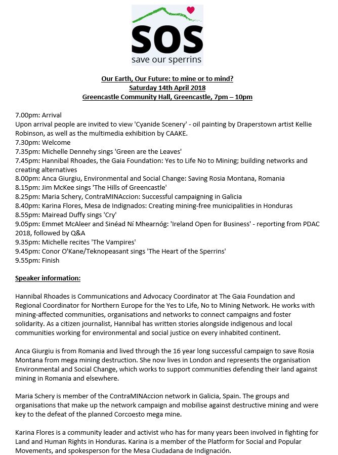 SaveOurSperrins's tweet photo. After @foe_ni Conference on mining &amp; other extractive industries, we're hosting an evening in Greencastle Community Centre on Saturday 14/04/18, from 7-10pm. This event features International Speakers as well as local artists, singers &amp; musicians.
Free Admission-Everyone Welcome! https://t.co/i8duEd0vdG