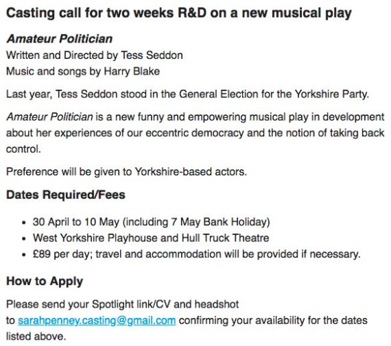SeddonTess's tweet photo. Could you be the next Tess? (Or Danielle, Kev or Ben?) I'm casting for 2 weeks R&amp;D on my musical show about when I stood for election with @harryblakemusic @WYPlayhouse @HullTruck . Looking for great people in the North. It'll be fun I promise! 😬😅 https://t.co/0vbvnXgANq