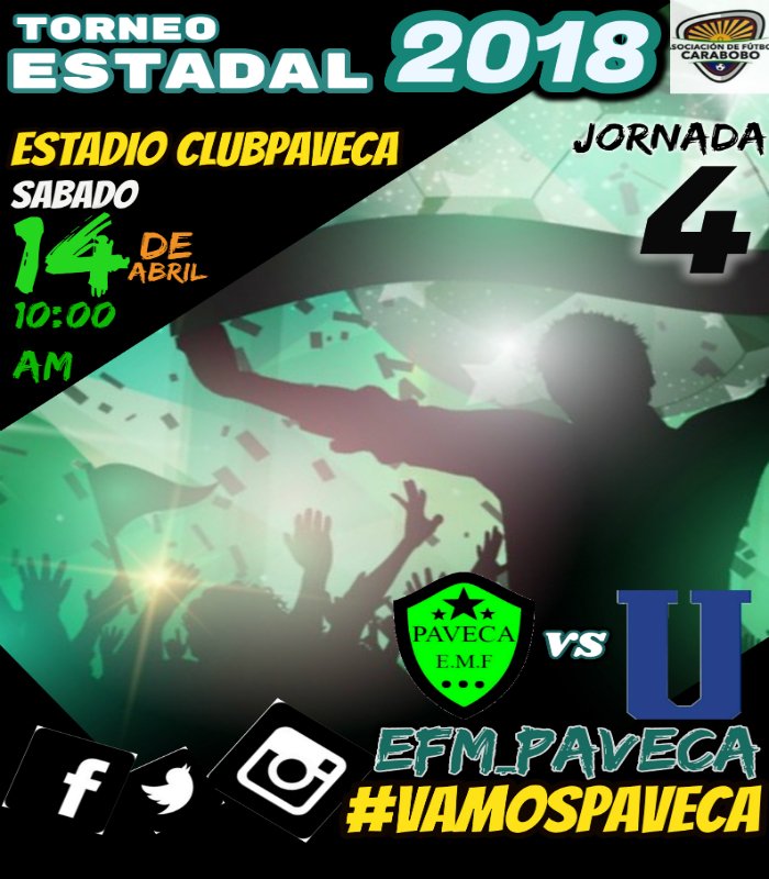 EMF_PAVECA's tweet photo. #ProximoReto ⚽
@EFM_PAVECA 

#Estadal2018 🏆
Jornada4
@EFM_PAVECA 🆚 Uniondefensor
📍 CLUBPAVECA (Guacara)
📆 Sabado 14/04/2018
 ⏰ 10:00 AM
⚽️⚽️⚽️⚽️⚽️⚽️⚽️⚽️⚽️⚽️
#Teampaveca #UnidosSomosMas #Haciaelcampeonato https://t.co/X2BwDktVmY