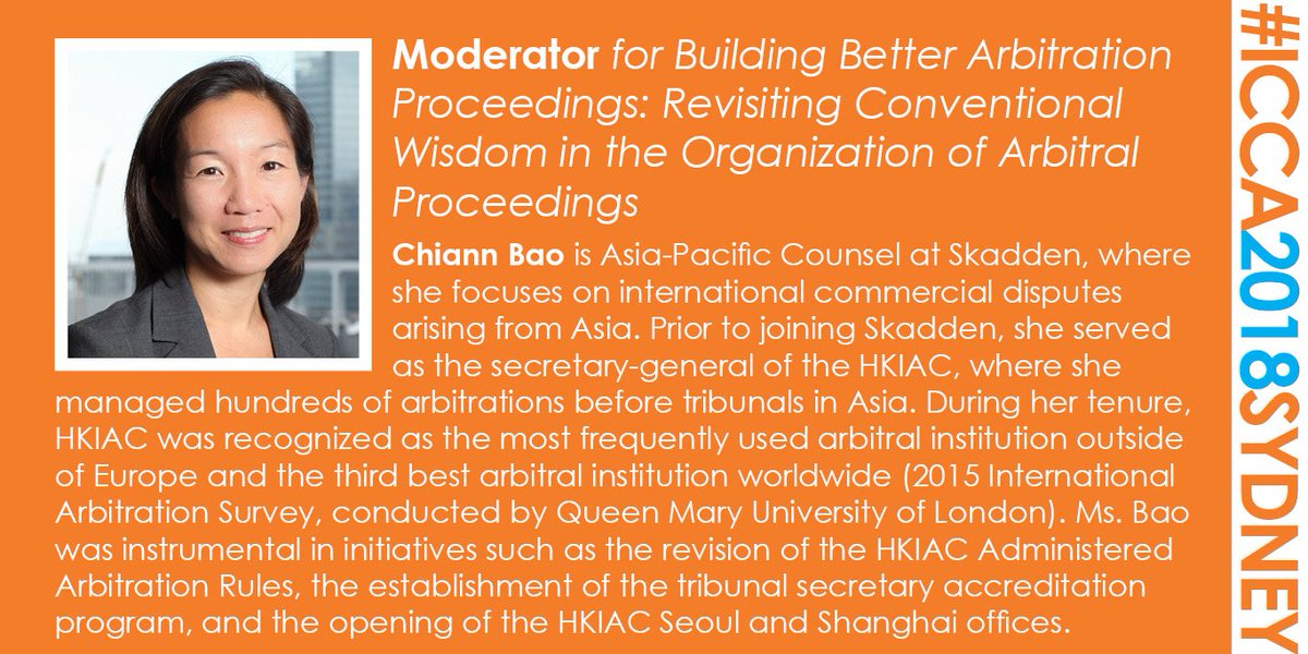 Meet the Moderator for the panel on Revisiting Conventional Wisdom in the Organization of Arbitral Proceedings at #ICCA2018Sydney: Chiann Bao. Make sure you check out the full Congress programme at: icca2018sydney.com  . #MeetTheSpeakers