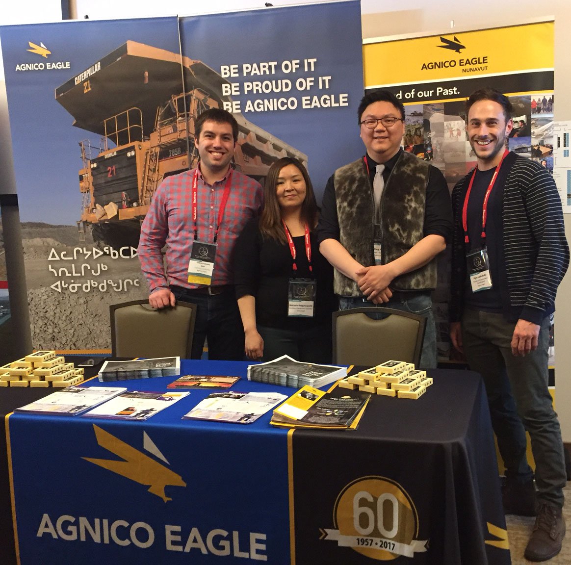 agnicoeagle's tweet photo. Good Morning #NuMS18! The tradeshow is open and our team is ready to greet you at booth 3 with #AgnicoEagle #Nunavut role models Ian-Joey Amarook, Gabriel-Antoine Côté and Natasha Nagyougalik ready to answer your questions! https://t.co/Vq2dmpSb23