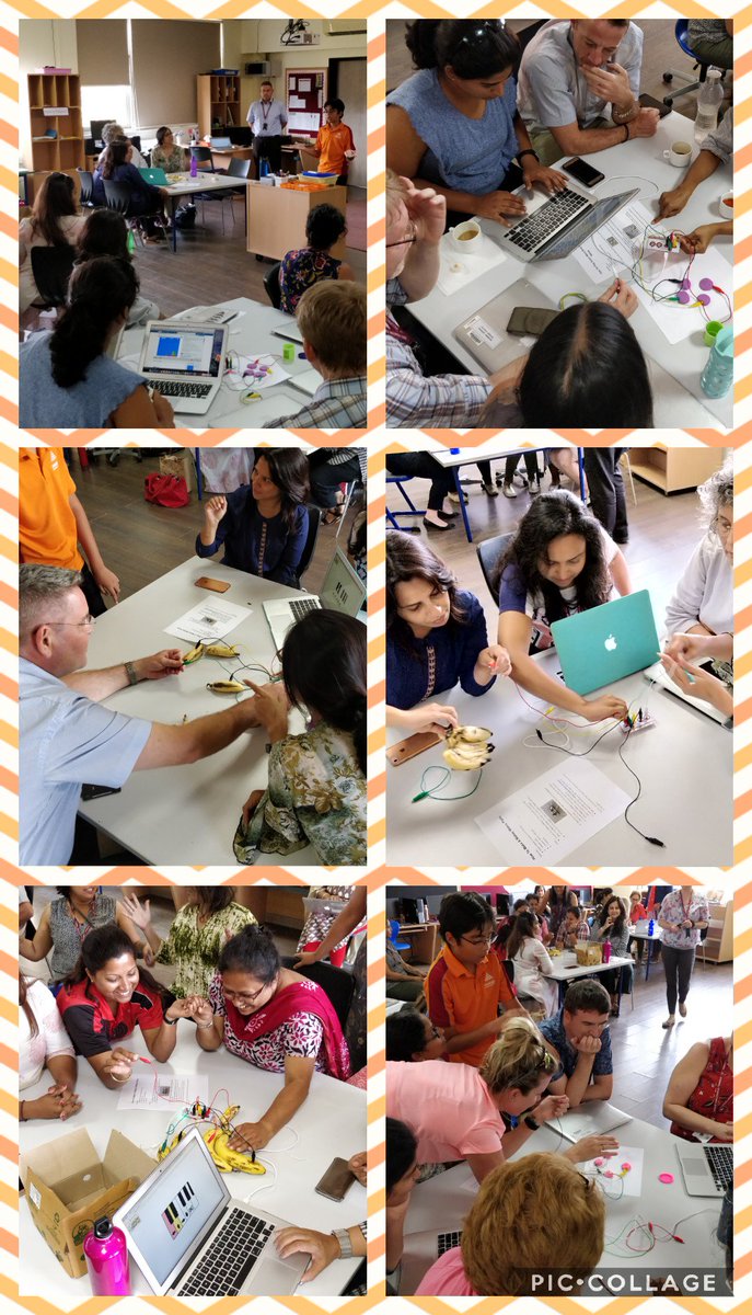 stonehillpyp's tweet photo. 'I've never played piano with a banana before!' quote from @SimonJMcCloskey. Lots of excitement with #makeymakey at the staff meeting organised by an @ibpyp exhibition student. #SISlearns #SISPYPX #SISAction https://t.co/9fmMnKJ6ss