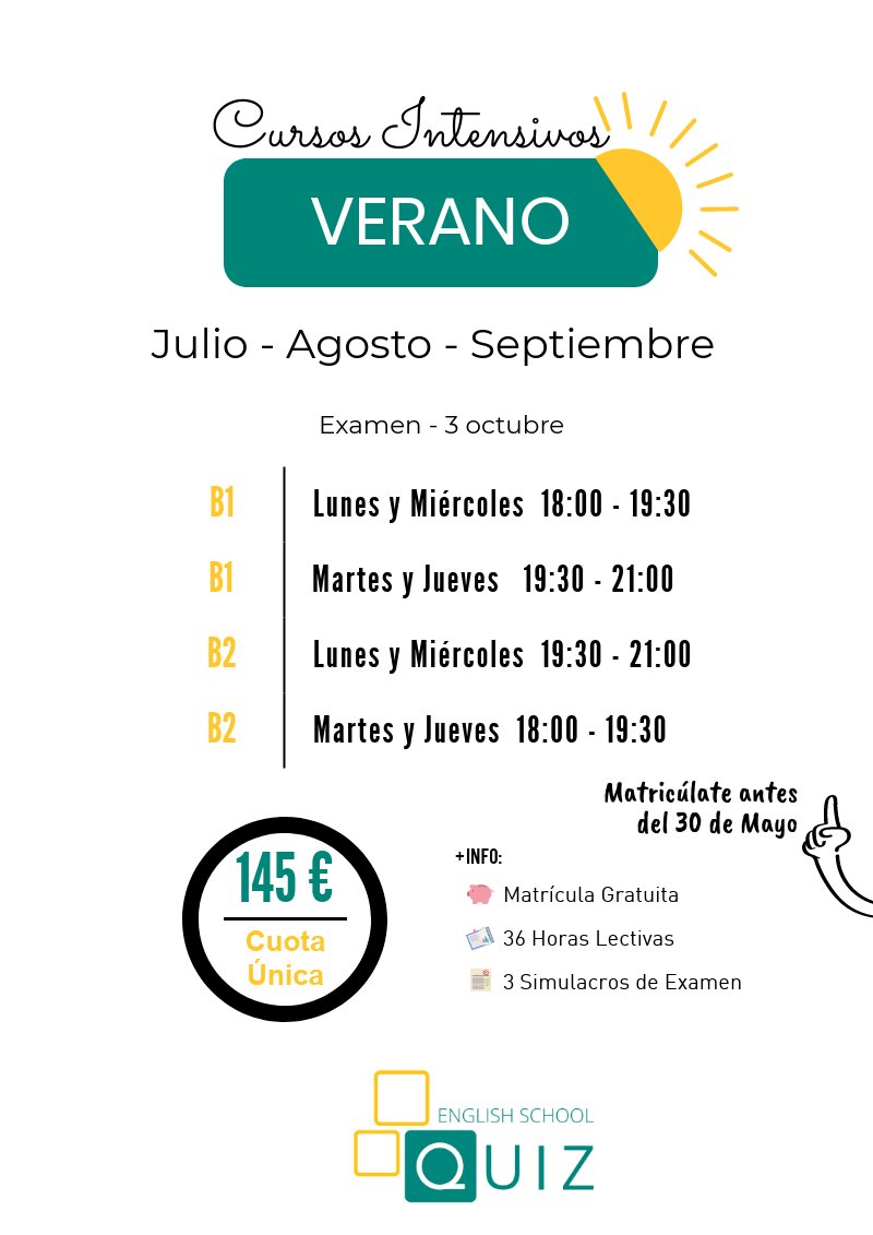 QuizEnSchool's tweet photo. ¿Buscas un curso intensivo para este verano en Málaga?  ¿Necesitas prepararte para conseguir tu certificado oficial de @TrinityC_L?
¡Matricúlate antes del 30 de mayo y aprovecha nuestra oferta! :)
Recuerda que nuestros grupos son reducidos: máx. 7 pers.

#Málaga #inglés #Trinity https://t.co/aVHg5ztgRJ