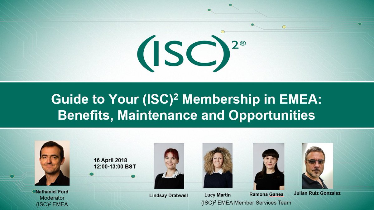 ISC2's tweet photo. The #ISC2EMEA Membership Services Team will be live on Monday 16th April to discuss your membership requirements and answer ALL your questions about CPE opportunities, member benefits and how to get involved - Register today to attend the webinar: https://t.co/fN3NwPsMNa https://t.co/cCGyjkwoMo