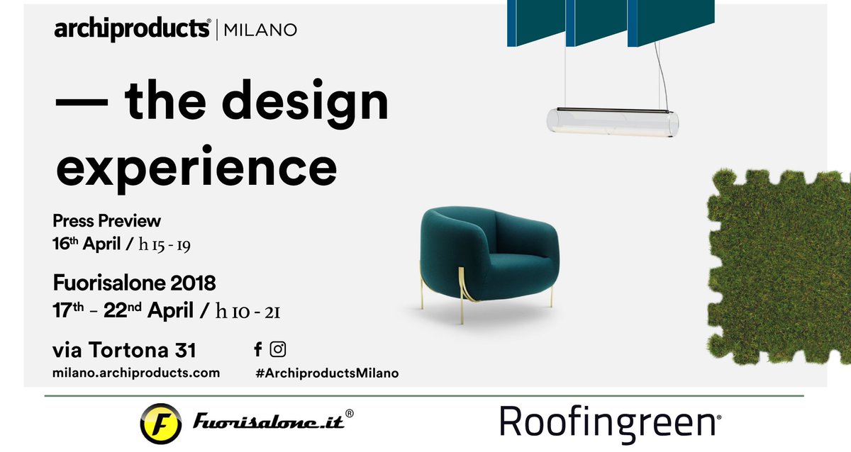Milano #FuoriSalone2018. Roofingreen e #ArchiproductsMilano,​ di nuovo insieme per una nuova ‘Design Experience’. Vi aspettiamo in via Tortona 31. goo.gl/7uT4pi
#Fuorisalone #Archiproducts #MilanoDesignWeek #MDW #RoofingreenNature