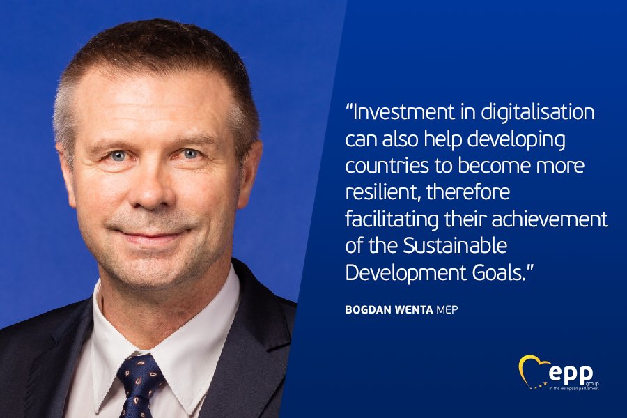 EPPGroup's tweet photo. "Digitalisation is a strong driver of sustainable and inclusive development. This is because digital technologies and capabilities are crucial for alleviating poverty by improving the competitiveness of economies and reducing unemployment." Bogdan Wenta #digitalisation #eppgroup https://t.co/SEXYE5c5WI