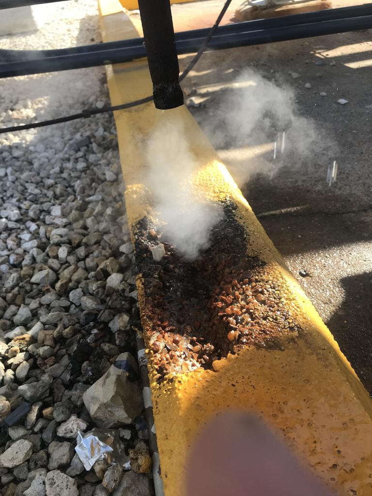interest_mild's tweet photo. Condensate from a steam trap slowly dissolving a concrete dike. https://t.co/u7DR4WJPGX