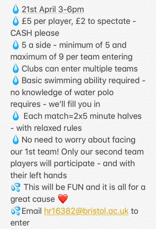 UBSWPC's tweet photo. On 21st April, we will be hosting a friendly charity water polo tournament at @Bristol_SU pool, 3-6pm. All money raised will go to @BristolHockey coach @mrbendudley ‘s treatment - £5 competitors, £2 spectators. Clubs, email hr16382@bristol.ac.uk if you’d like to enter a team! https://t.co/yWLjRuhdS0