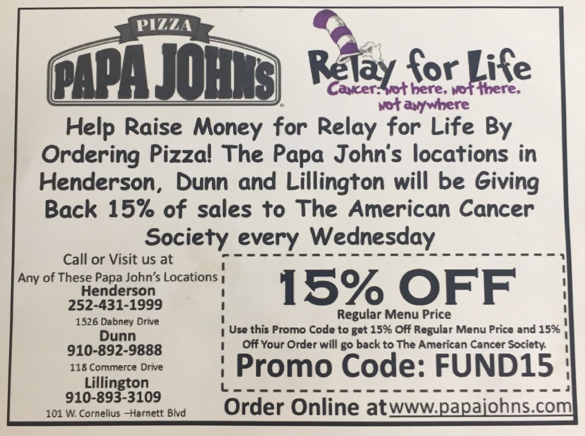 CU_Relay's tweet image. EVERY Wednesday, use code FUND15 on your Papa Johns order to receive 15% off your order and 15% will be donated to Campbell Relay for Life! 🧡🐪