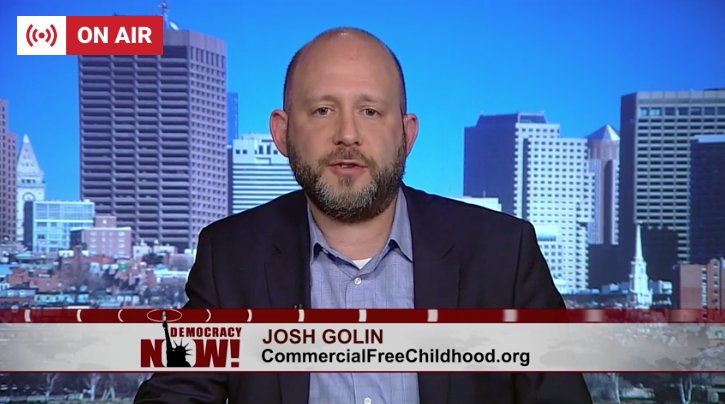 democracynow's tweet photo. Josh Golin, @commercialfree: Facebook is "keeping a record of every text, every video, every picture a child sends" on Messenger Kids. "Their own privacy policies say… they do share it with some third parties… When you ask them who these third parties are, they won't tell you" https://t.co/P4fQEYMnef