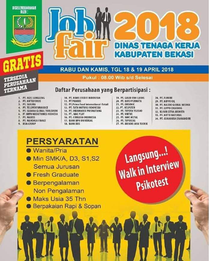 Job Fair Dinas Tenaga Kerja Kab. Bekasi. 18 - 19 April 2018 Pukul 08.00-Selesai di Lotte Grosir Cikarang Utara (Pilar). Gratis!