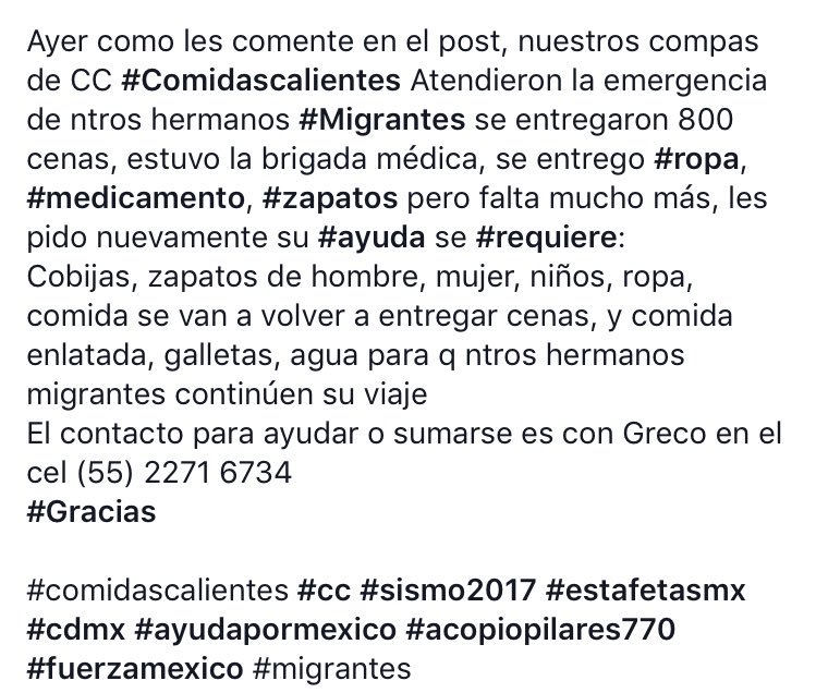 wera_regia's tweet photo. #ayuda #urgente se ocupa cobijas, zapatos, ropa, comida enlatada para su camino, el contacto para ayudar o sumarse es con Greco en el cel (55) 2271 6734 #Gracias #comidascalientes #cc #sismo2017 #estafetasmx #cdmx #ayudapormexico #acopiopilares770 #fuerzamexico #migrantes https://t.co/xpyYJyFyF1