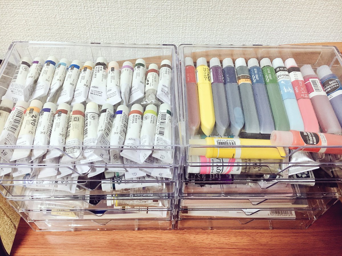 すずきあやえ 水彩作家 絵の具の収納に悩む水彩作家さん ダイソーの3段引き出しケース 0円 を買うのです ホルベイン クサカベ シュミンケなら5mlチューブがぴったり2列 ハガキサイズの水彩紙も吉祥のパール顔彩もそのまま入ります しかもスタッキング