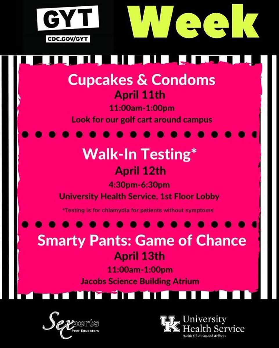 UKSexperts's tweet photo. #GYTWeekUK starts today and we couldn't be more excited!! We are pairing with University of Kentucky Campus Recreation and Wellness and Violence Intervention and Prevention (VIP) Center today to bring you #FREE condoms, cupcakes, and sexual health, consent, and alcohol info! https://t.co/U5ImWyElKp