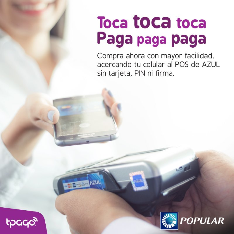 Popularenlinea's tweet photo. Ahora puedes realizar pagos sin contacto con tus tarjetas de crédito o cuentas del Banco Popular con solo acercar tu móvil a las terminales de @AZULdominicana, a través de la nueva App @tPago. Es rápido, seguro y sin contratiempos. #ApptPago https://t.co/XvF7SW5vDm