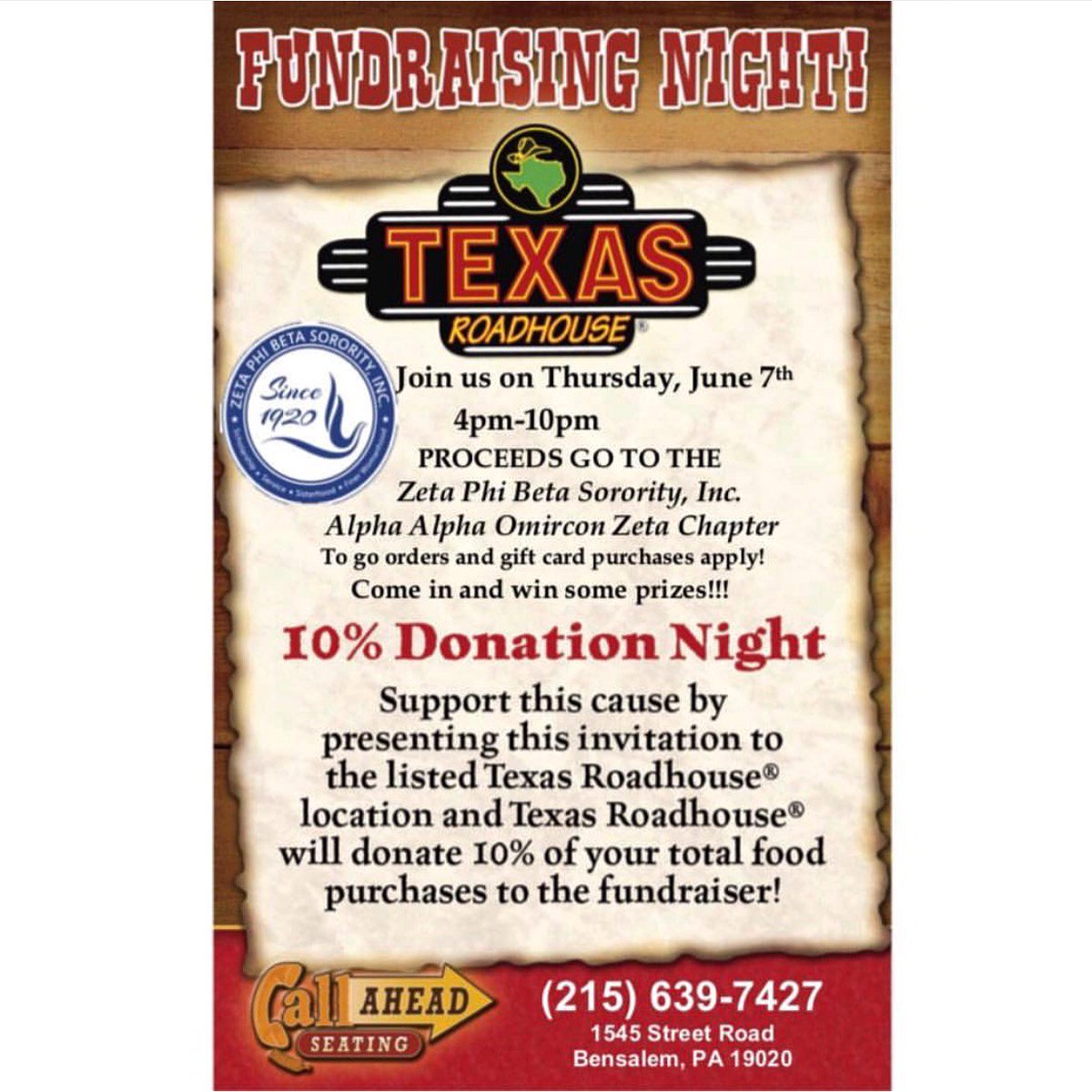 ZPhiBPA's tweet image. Meet @nephillyzetas_aaoz at Texas Roadhouse for dinner on June 7th! Bring this advertisement with you and get 10% off your order! We greatly appreciate your support 💙 #AAOZ #NEPhillyZetas #PAZetas