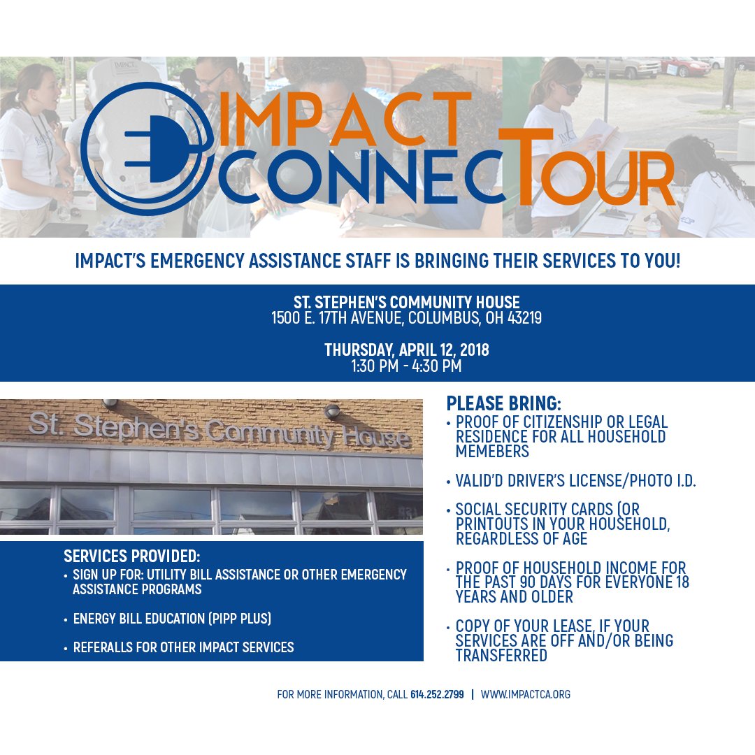 IMPACTCA's tweet photo. IMPACT's Emergency Assistance staff is bringing their services to the community. Meet them tomorrow at St. Stephen's Community House. See the graphic for more information #impact #connectour #services #assistance #communityaction https://t.co/YgwTBxvuzB