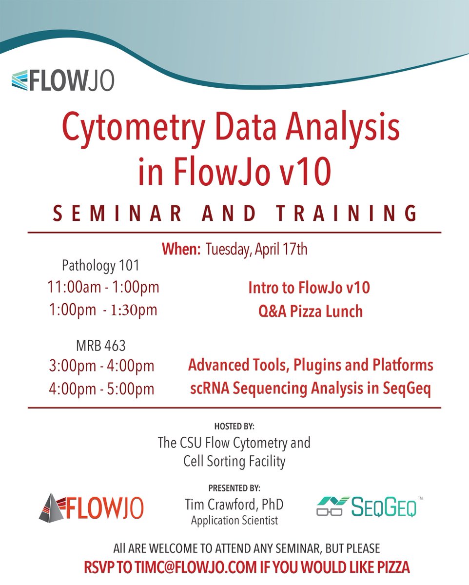 Another one! The CSU Flow Core is hosting another seminar about Flow Cytometry. If you are interested in learning about FlowJo v10 join us at our multiple information sessions on April 17th!