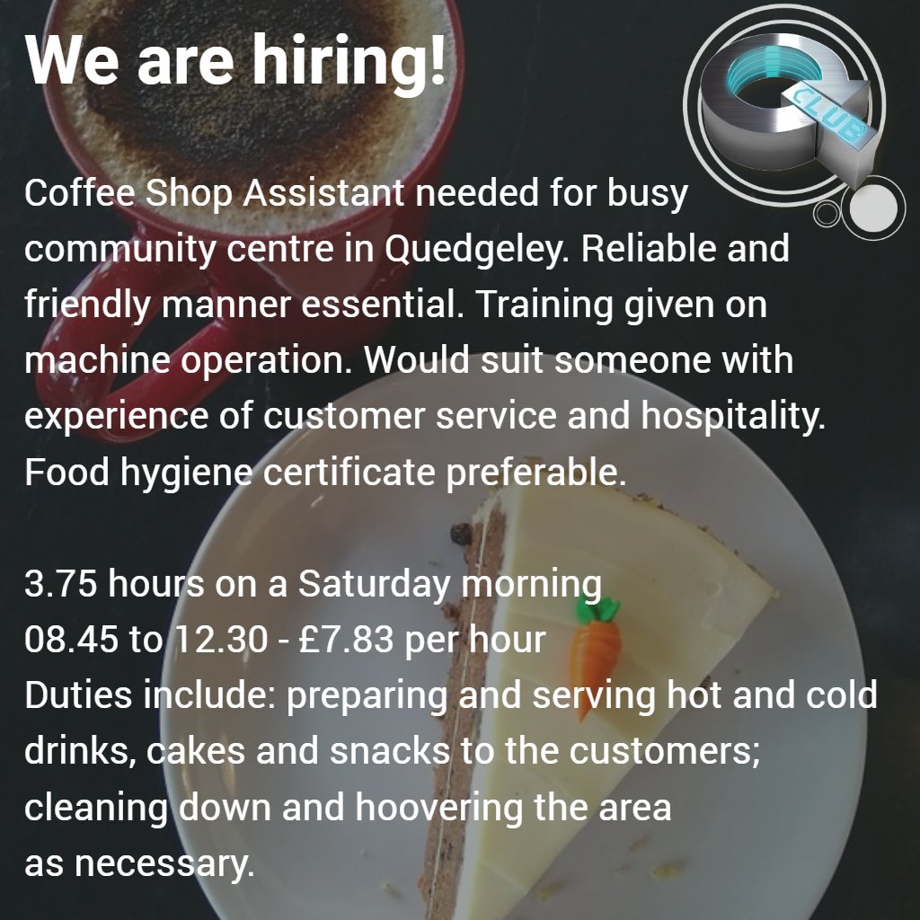 The Q Club is hiring! We are looking for a Coffee Shop Assistant and a Timmy Tiger's Support Coach for Saturday mornings. Know anyone? Please RT or tag them and contact Rich on 01452 542 590 or richardb@prospect-training.org.uk