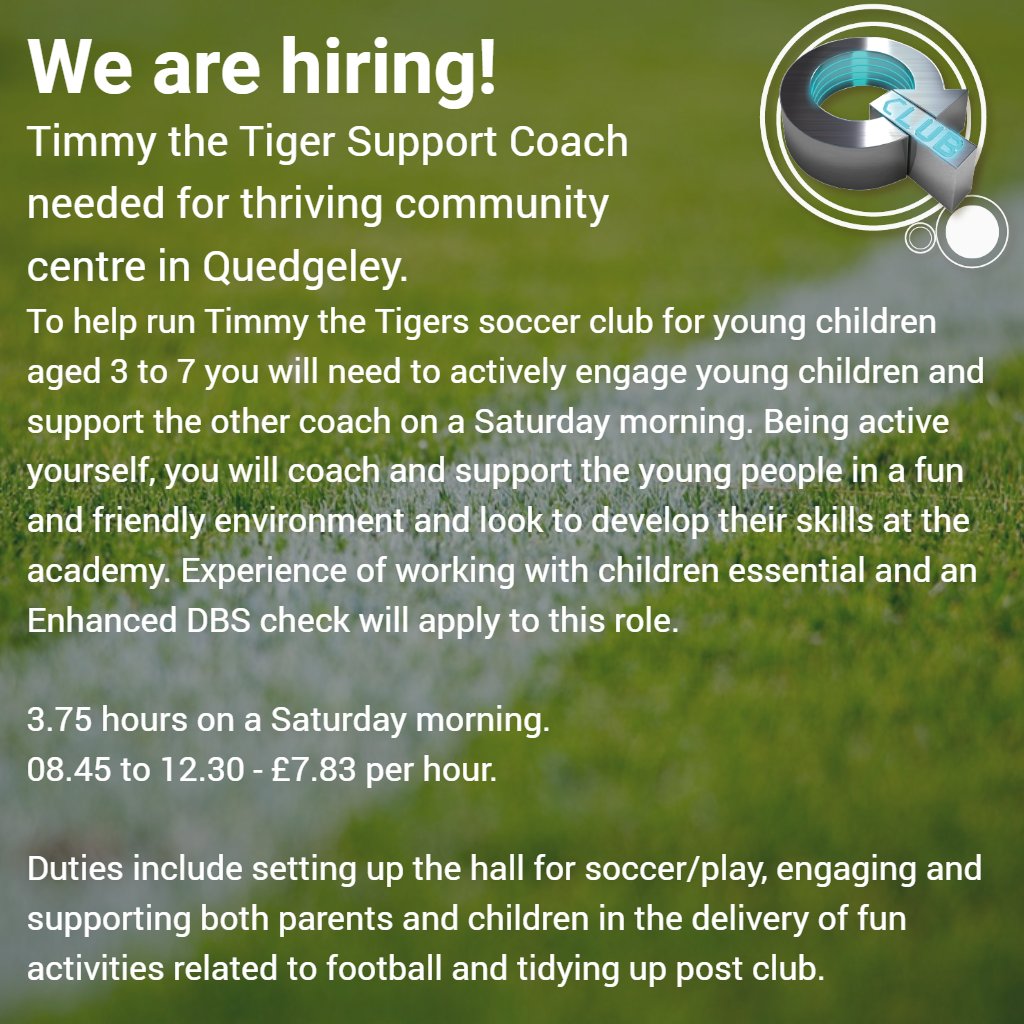QClubQuedgeley's tweet photo. The Q Club is hiring! We are looking for a Coffee Shop Assistant and a Timmy Tiger's Support Coach for Saturday mornings. Know anyone? Please RT or tag them and contact Rich on 01452 542 590 or richardb@prospect-training.org.uk https://t.co/jCvEBcGY8l