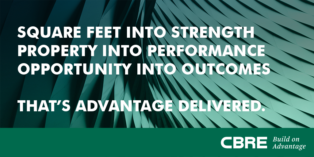 CBRE's tweet photo. Discover the advantage of superior client outcomes. Explore our stories. https://t.co/oP7Oso1P8g #AdvantageDelivered https://t.co/bYEaS6vHmI