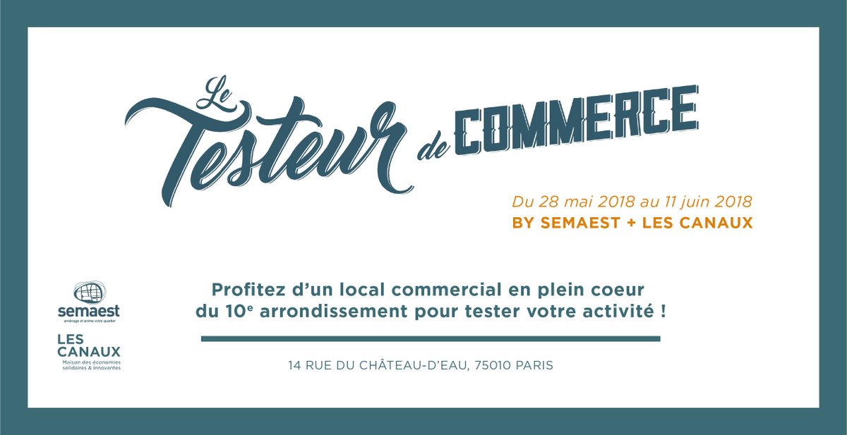 [Appel à candidatures @Semaest x <a href="/Les_Canaux/">Les Canaux</a>] 
Vous avez un projet de commerce solidaire ? Expérimentez votre concept dans le #TesteurDeCommerce du 28 mai 2018 au 11 juin 2018 !
>>>buff.ly/2GaXGDD