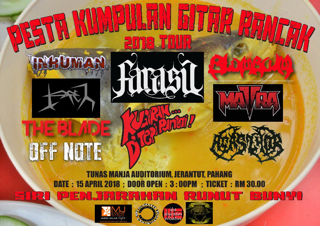Jenn_Thompson's tweet photo. #PAHANG SUNDAY April15 PESTA KUMPULAN GITAR RANCAK 2018 TOUR 3pm DewanSerbagunaJKKSgJan #JERANTUT ft. @farasuofficial #Mattra #KugiranDiTepiPantai #TheBlade #Agasthor #InHuman #Torch #Slumscum #OffNote https://t.co/x6AZv3R59I