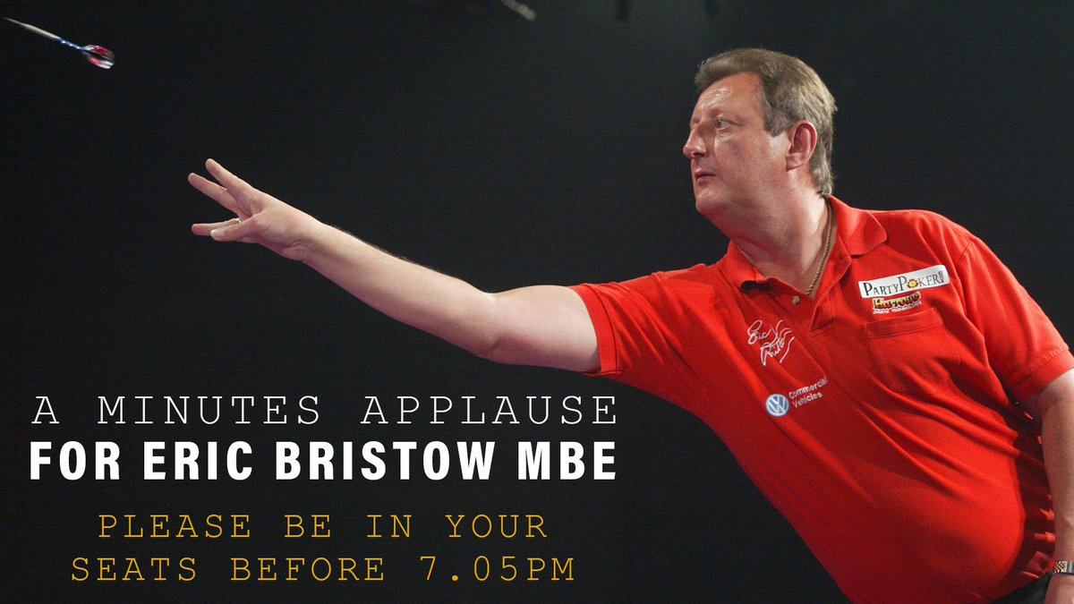 OfficialPDC's tweet photo. There will be a minutes applause for Eric Bristow MBE at the @SheffieldArena at 7.05pm tomorrow night. 

For those in attendance, please be in your seats beforehand.

@unibet @SkySportsDarts https://t.co/BRh5DeP6EB
