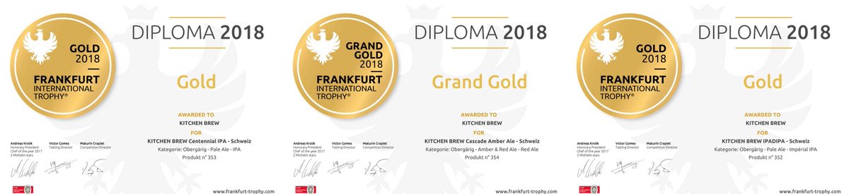 It’s official: two golds (IpaDipa and Session IPA) and one grand gold (Cascade Amber) at the #FrankfurtInternationalTrophy competition. So drink these medal winners tonight at Binningerstrasse 101, Allschwil!