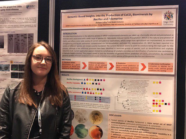 ExtremophilesUK's tweet photo. Interested in #Geomicrobiology and #carbonates? Be sure to support my student Pip Loftus and her cool poster showcasing the some of our latest fings at @Micro2018 @MicrobioSoc @BiologyEHU #Bacillus #Idiomarina #genomics Poster P041 Zone A! :) https://t.co/EPuHXn7TfW