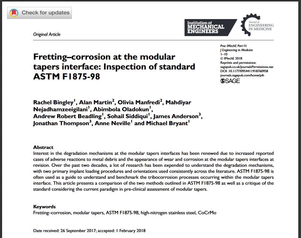 ATMartinSheff's tweet photo. Exciting that my first paper has been published! I'm a co-author along with several of my @ITCDT colleagues Rachel Bingley, Olivia Manfredi, @mahdiyarnhg, Abimbola Oladokun, Sohail Siddiqui 
Fretting–corrosion at the modular tapers interface: Inspection of standard ASTM F1875-98 https://t.co/ivNS1wjfZQ