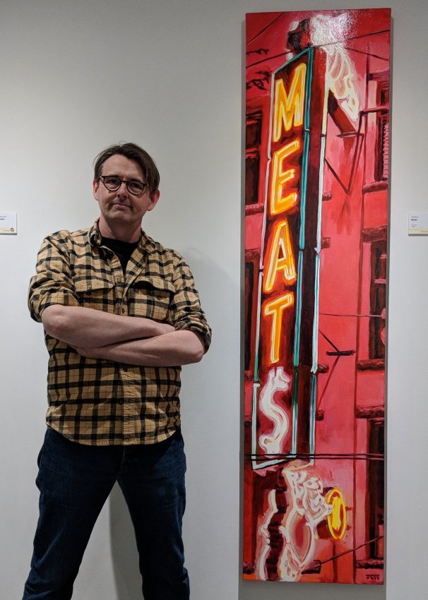 jeffwilsongeo's tweet photo. Exhibition run at @GryphonDev extended until month's end.  Several unusual pieces on show,   That includes this piece "Meats", depicting the much-loved neon sign above @SAVEONMEATS .  #art #painting #neon #sign #DTES #gastown #vancouver #vancouverart #Canada #canadianart https://t.co/a2jYkS7QcJ