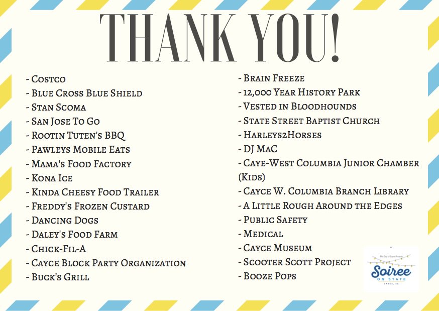 CityofCayce's tweet photo. Thank you to all of our vendors who are participating in the 2nd Annual Soiree on State event this Saturday! #TimeForLife #TimeForFun #TImeForSoireeOnState https://t.co/2YXgA4pU29