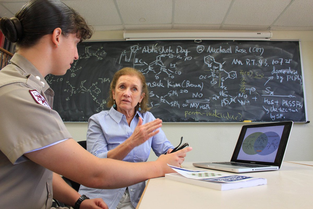 Professor Darensbourg sitting with a student in front of a black board gesturing toward a laptop and talking
