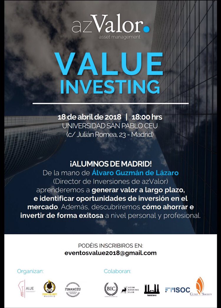 SFLMadrid's tweet photo. El próximo 18 de abril, junto con los mejores clubs de inversión de Madrid, celebraremos un evento con AzValor. Álvaro Guzmán, socio y director de inversiones, que explicará qué es el Value Investing.

Envía un email a d.otero623@gmail.com con vuestro nombre. ¡Plazas limitadas! https://t.co/PwXEgk22bw