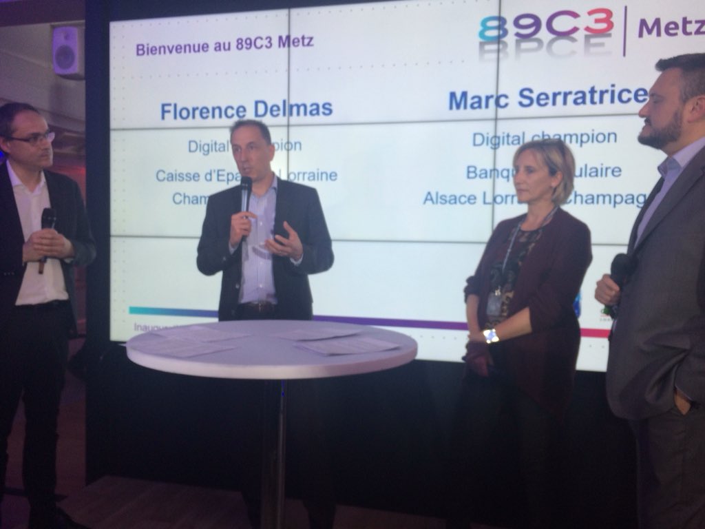 CaissEpargneGEE's tweet photo. Nos deux Digital Champions @flo_delmas et Marc Serratrice « La transformation digitale passera par nos collaborateurs et un lieu d acculturation comme le #89C3Metz est fondamental pour nos banques et notre @GroupeBPCE https://t.co/uEFKfwr2aC