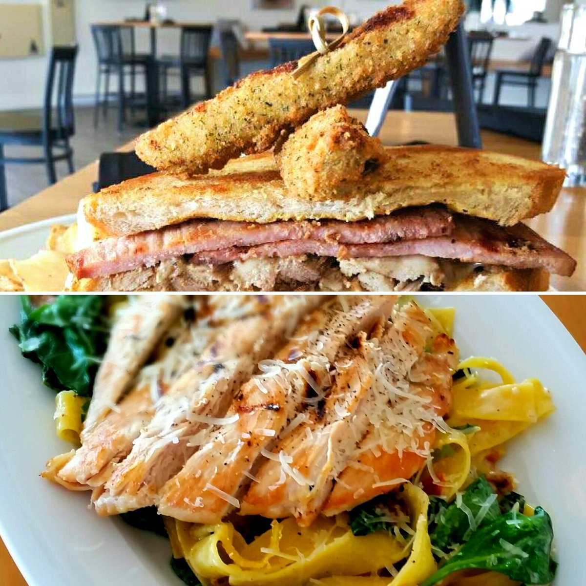 We've got some amazing feature meals this week at the #saintjohnmarina. For #lunch we have a Cuban pork sandwich + side (14.00) and a grilled chicken carbonara on pappardelle (20.00) for #supper. ☉ 🇨🇺 🇮🇹