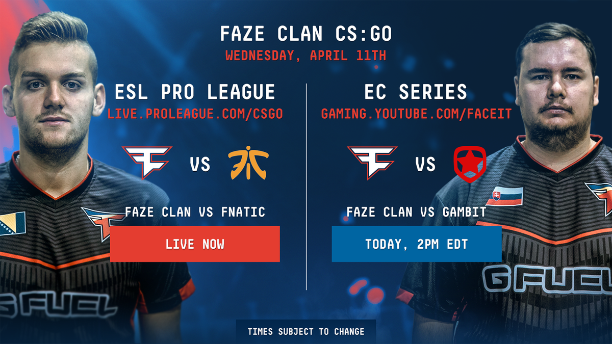 It's a full day of FaZe Counter Strike today! Here's where to watch all the action.

FaZe vs Fnatic [LIVE]:
📺 live.proleague.com/csgo/facebook/…

FaZe vs Gambit [2 PM EDT]:
📺 gaming.youtube.com/faceit

Scores: @FaZeUpdate

#FaZeUp