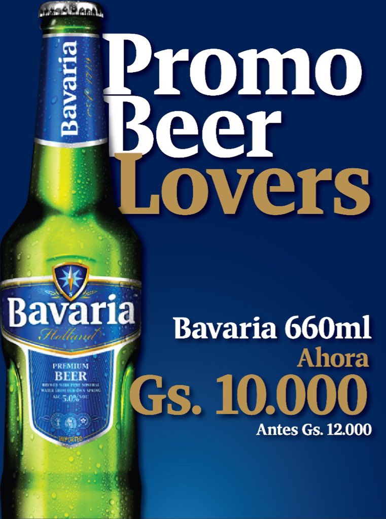 ¡Promo Beer Lovers! 
Durante este mes, Bavaria 660ml a solo Gs. 10.000 en todos los puntos de venta adheridos, para que disfrutes aún más. #HelloParaguay