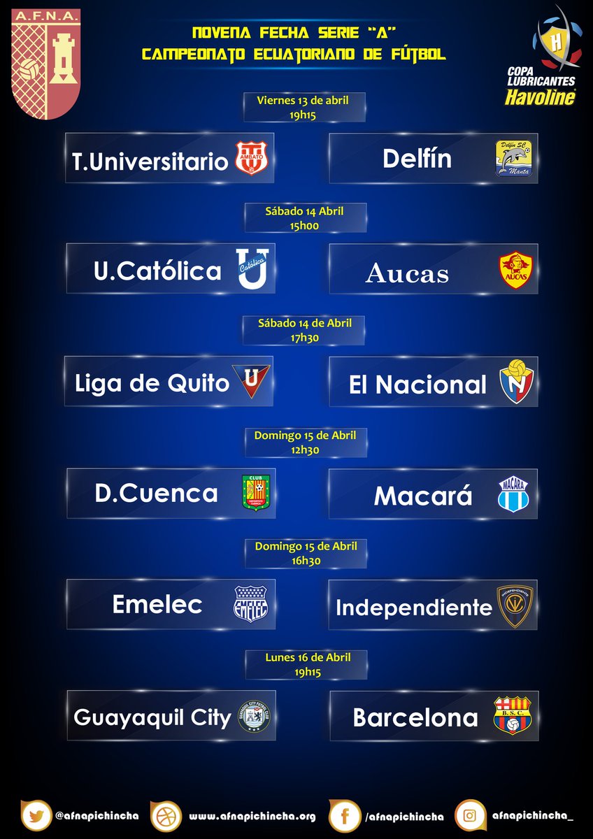 AFNAPichincha's tweet photo. #SerieA definidos los horarios para la #Fecha9
#AFNA2018 🇪🇨⚽ https://t.co/0TNRbm0aBq