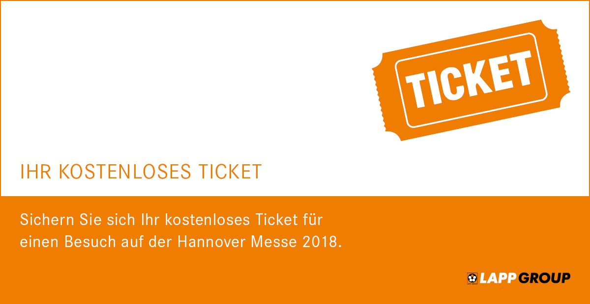 lapp_group_'s tweet photo. Hannover Messe 2018 - Der Lapp Ticket-Code berechtigt euch zum kostenlosen Besuch der Hannover Messe 2018 vom 23.04 - 27.04.  Wir freuen uns auf euren Besuch! 

Den Code erhaltet ihr unter: https://t.co/GBzSsNtHtV 

#lappgroup #hm18 #hannovermesse #lapp #ölflex https://t.co/i63Rl9J5kd