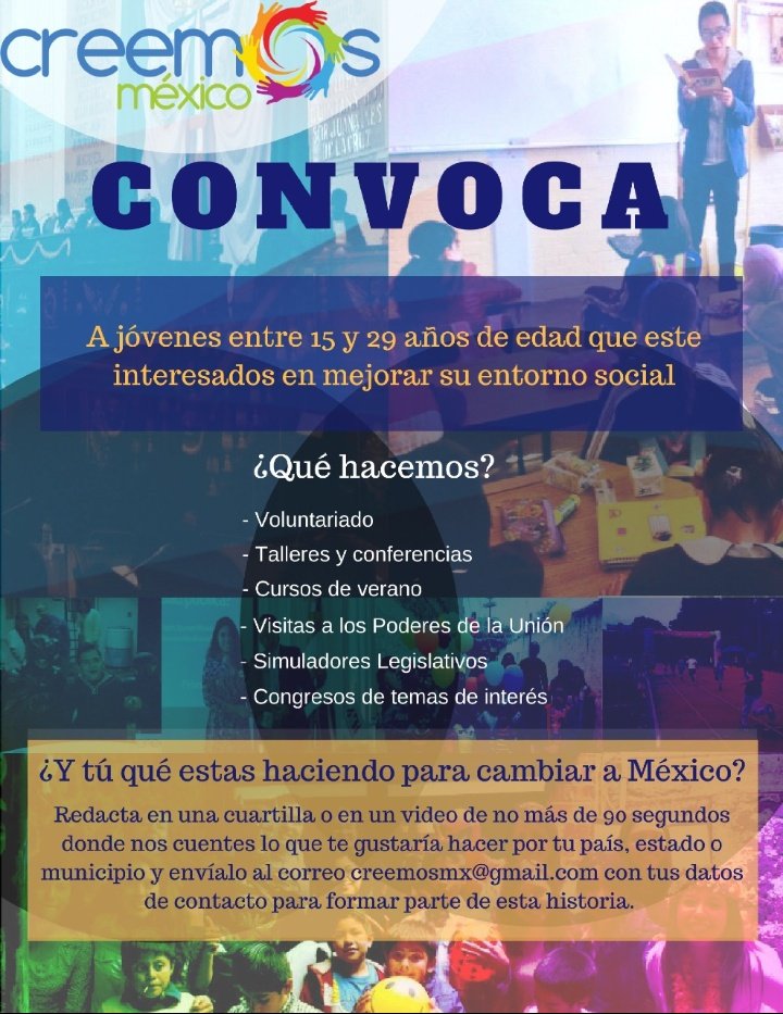 CreemosMX's tweet photo. ¿Te gustaría ser parte de este gran equipo? 
Revisa la convocatoria y mándanos tu información
¡Te estamos esperando!

#CreemosJuntosElMéxicoConElQueSoñamos https://t.co/AQkm4AHUUJ