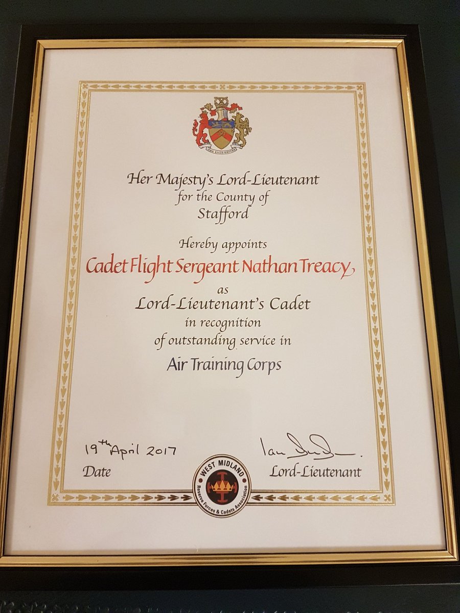 Well done FS Callear <a href="/239atc/">239atc</a> on his appointment as HM Lord Lieutenant's Cadet for Staffordshire.  Exceptional year in post for CWO Treacy 60 Sqn, recognised by HM Lord Lieutenant this evening.