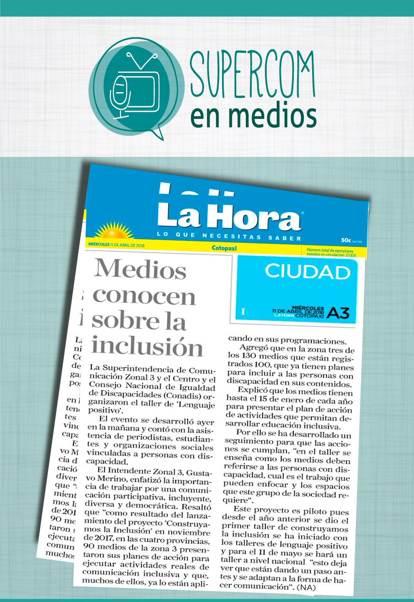 SupercomZona3's tweet photo. #SupercomEnMedios
🗞️Medios conocen sobre inclusión
➡️ Vía @lahoraecuador #Cotopaxi
➡️ Aquí más información https://t.co/3MSeGZ6EMy https://t.co/NHIYAsjarL